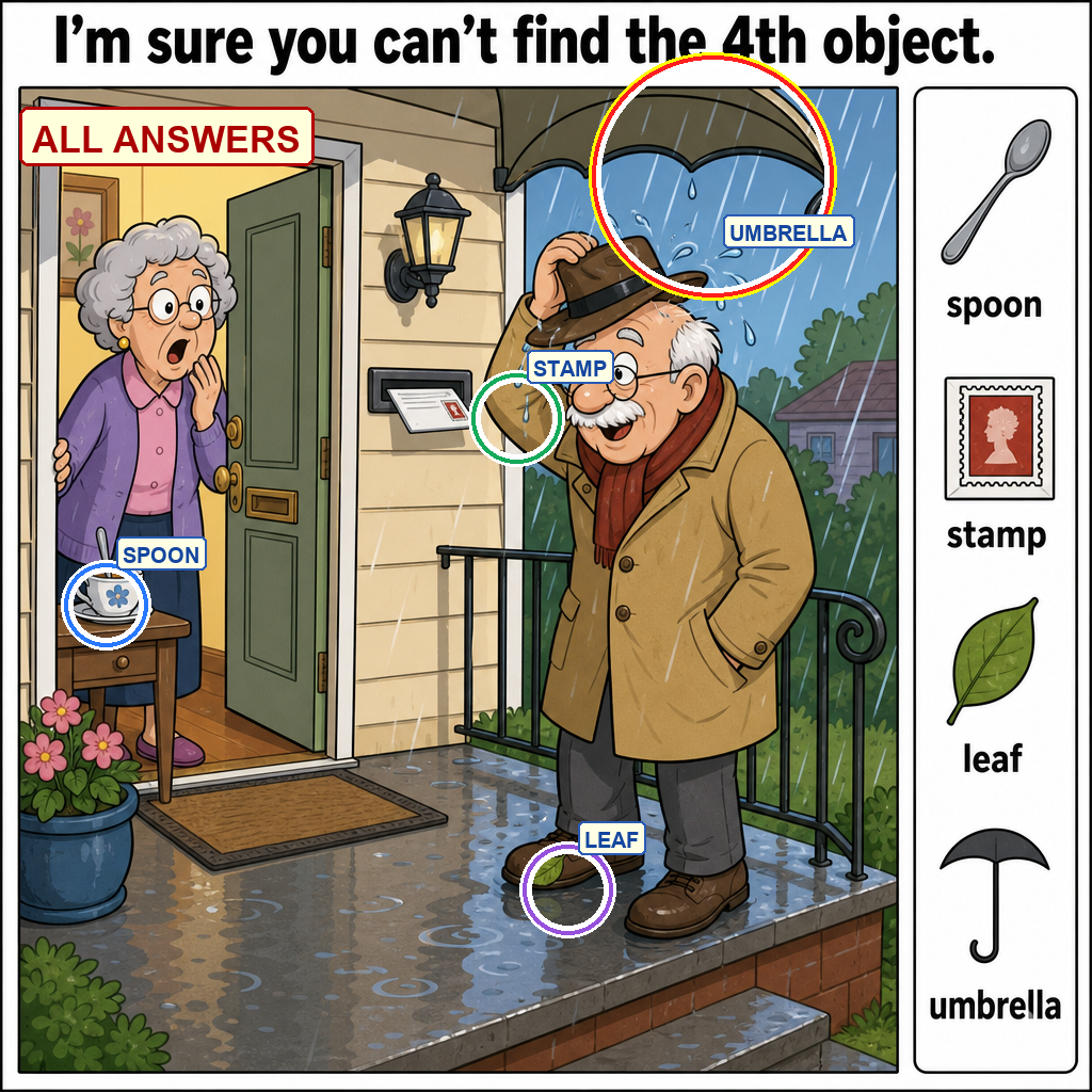All answers marked for the hidden object puzzle