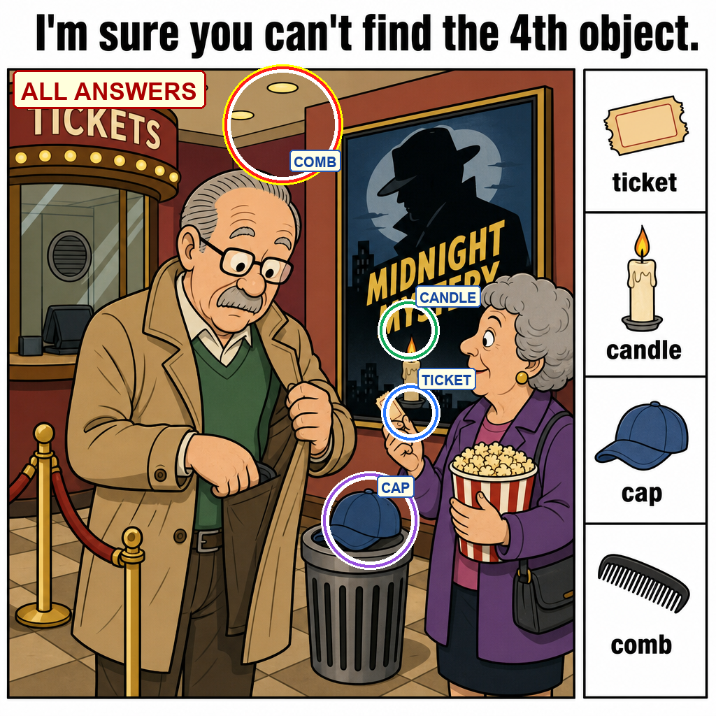 All answers marked for the hidden object puzzle