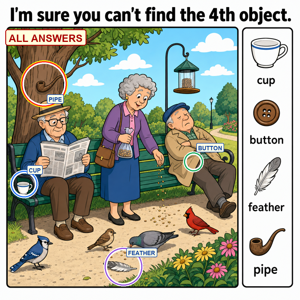 All answers marked for the hidden object puzzle