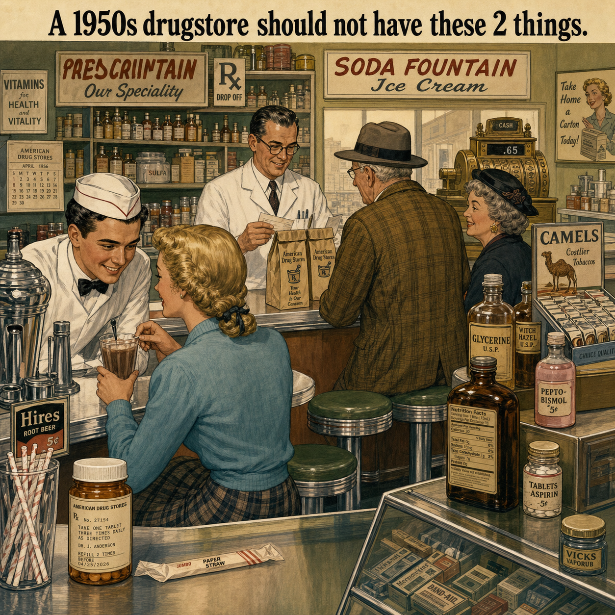 Two Things Are Wrong at This 1950s Drugstore: Answer