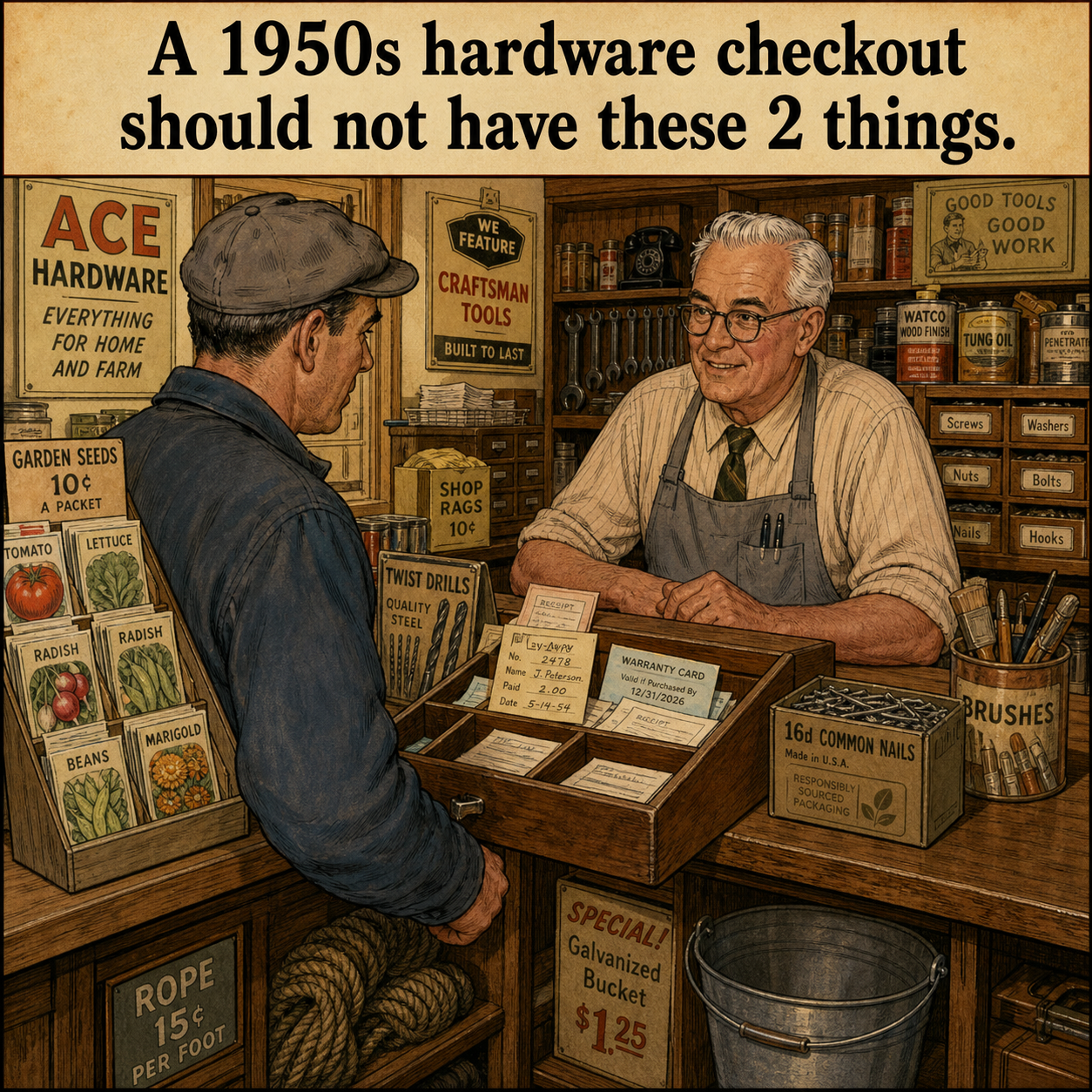 Two Things Are Wrong at This 1950s Hardware Checkout: Answer