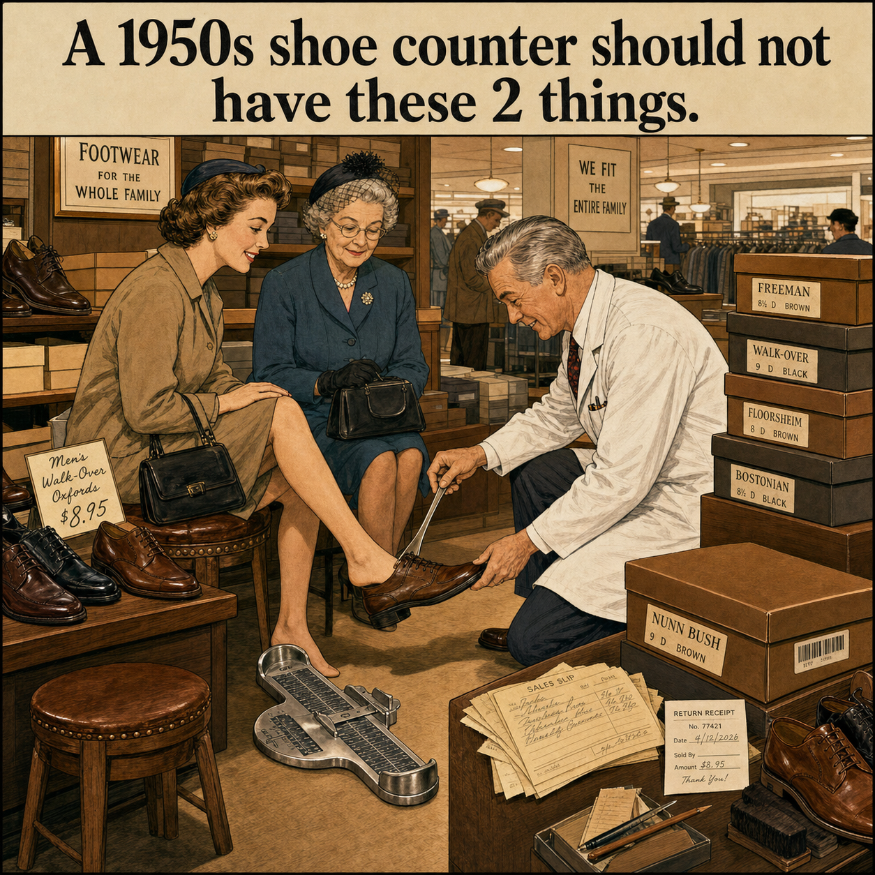 Two Things Are Wrong at This 1950s Shoe Counter: Answer