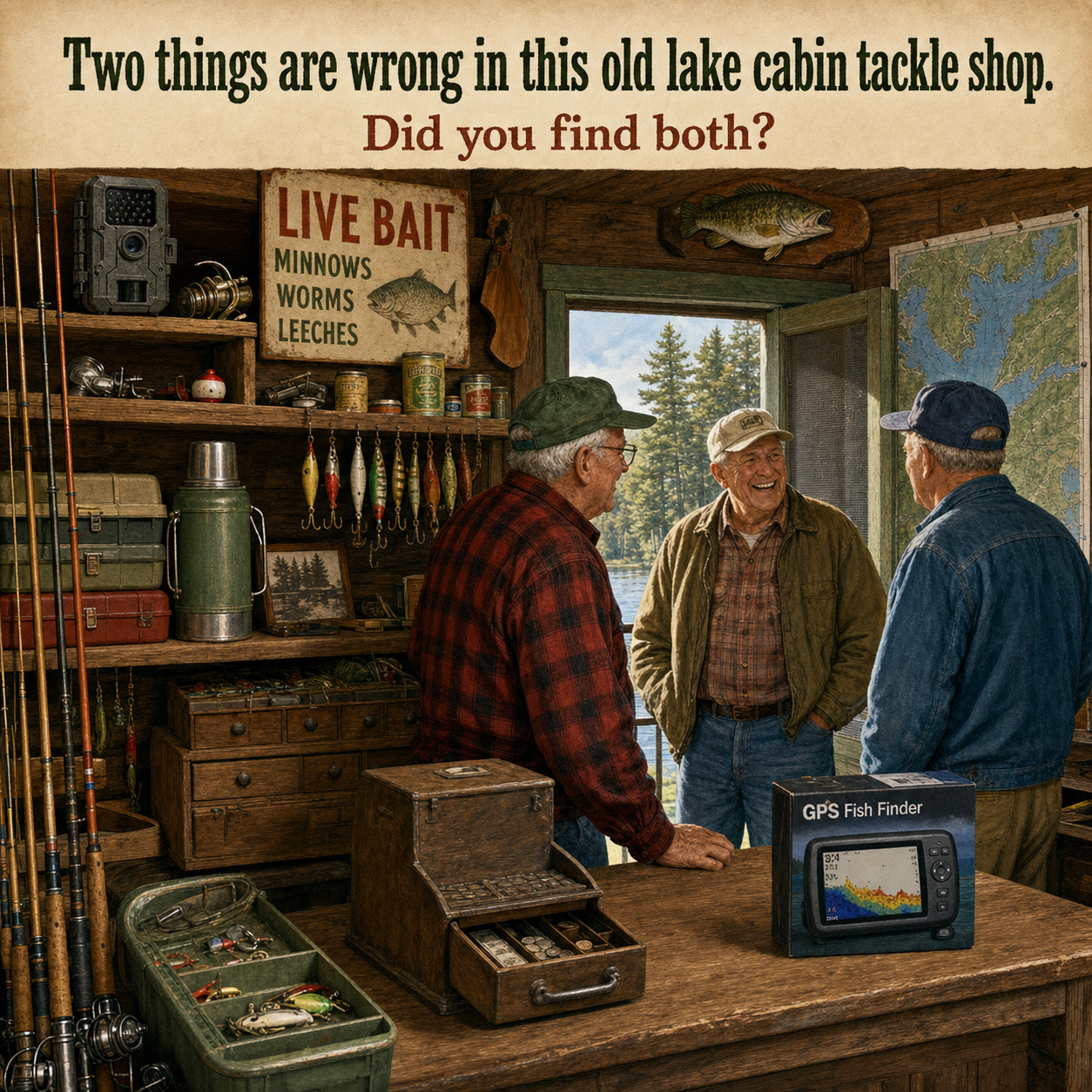 Two Things Are Wrong in This Old Lake Cabin Tackle Shop: Answer