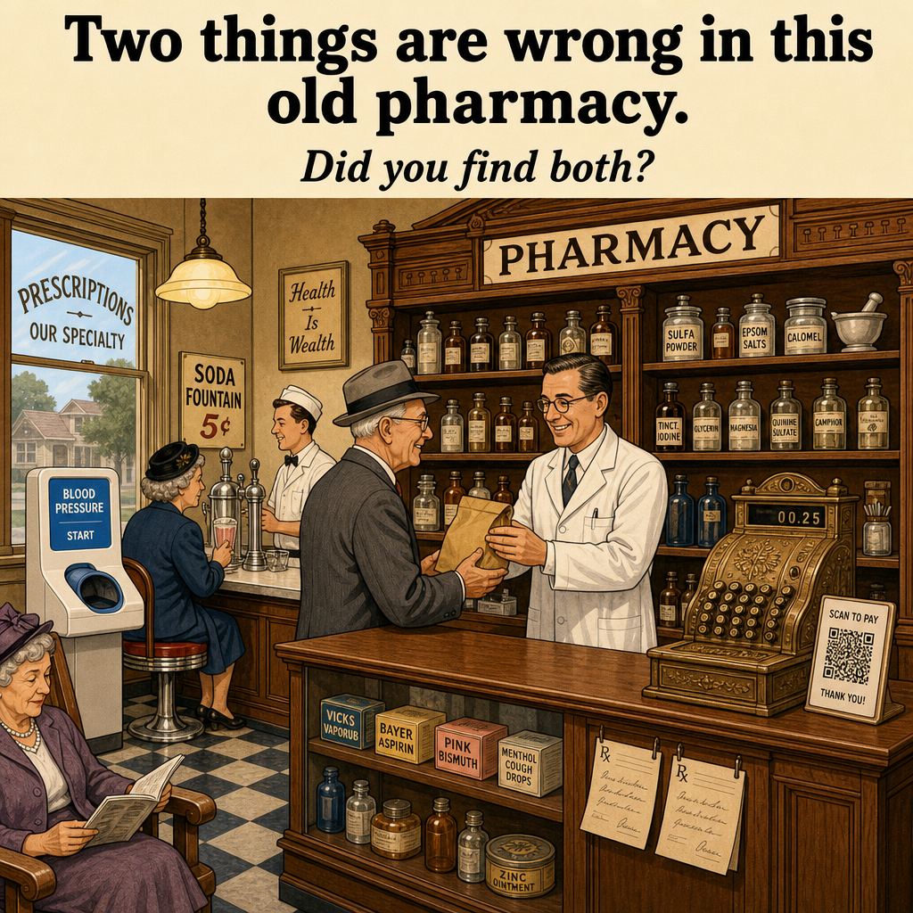 Two Things Are Wrong in This Old Pharmacy: Answer