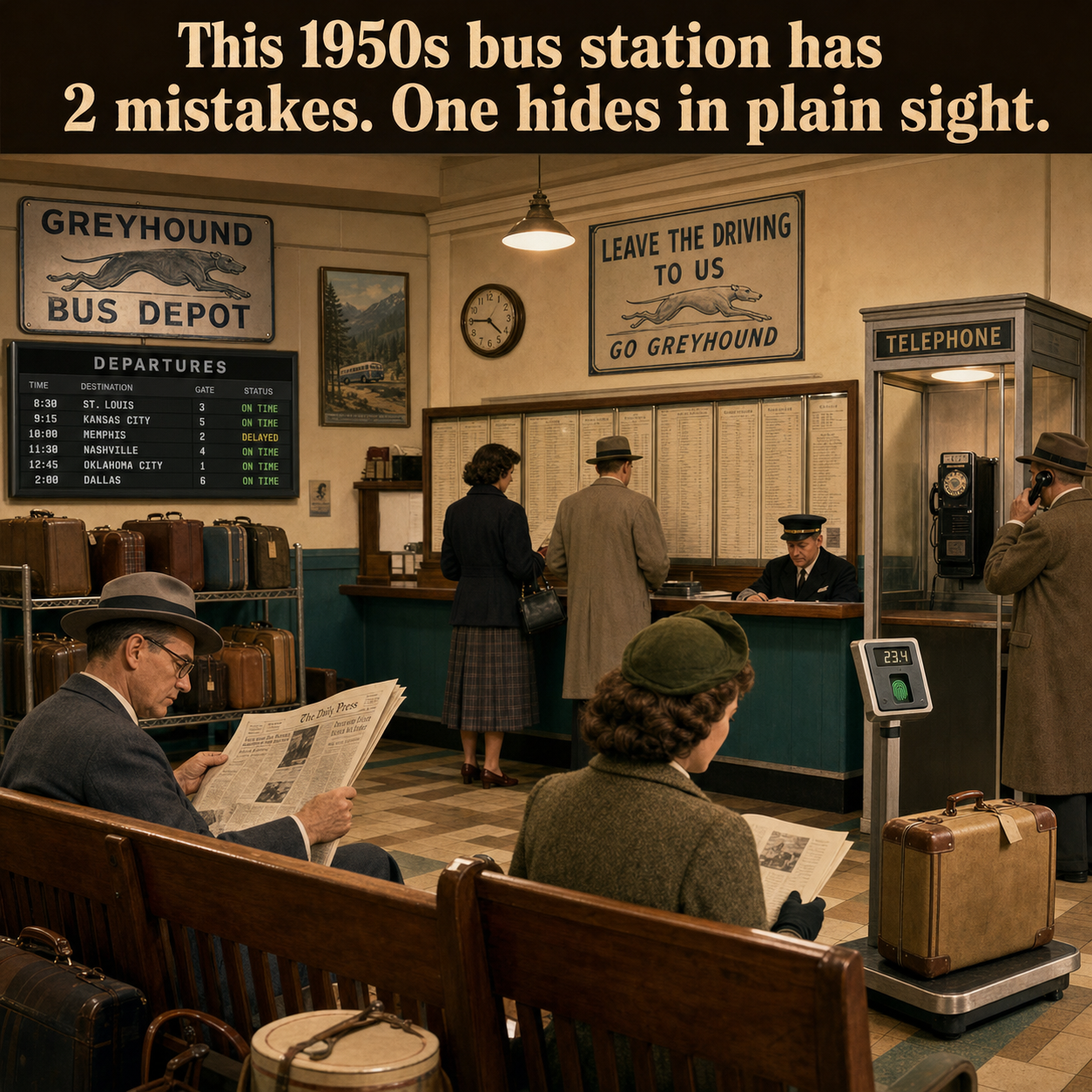Two Things Are Wrong in This 1950s Bus Station: Answer