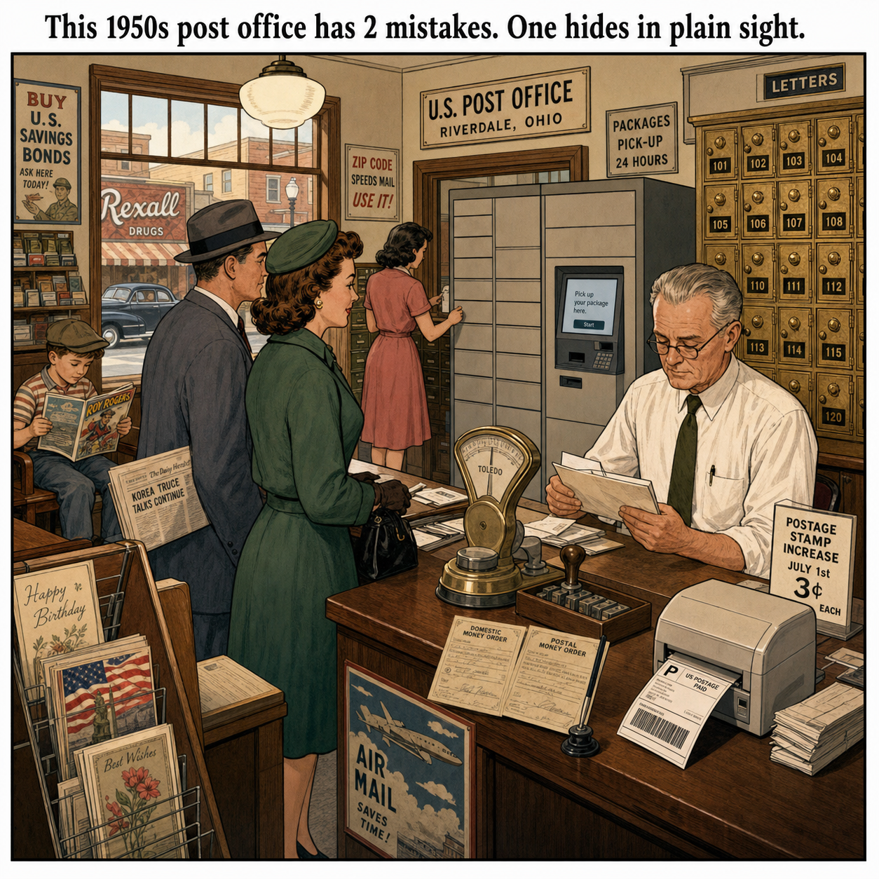 Two Things Are Wrong in This 1950s Post Office: Answer