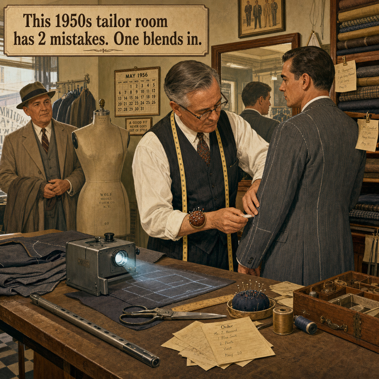 Two Things Are Wrong in This 1950s Tailor Room: Answer