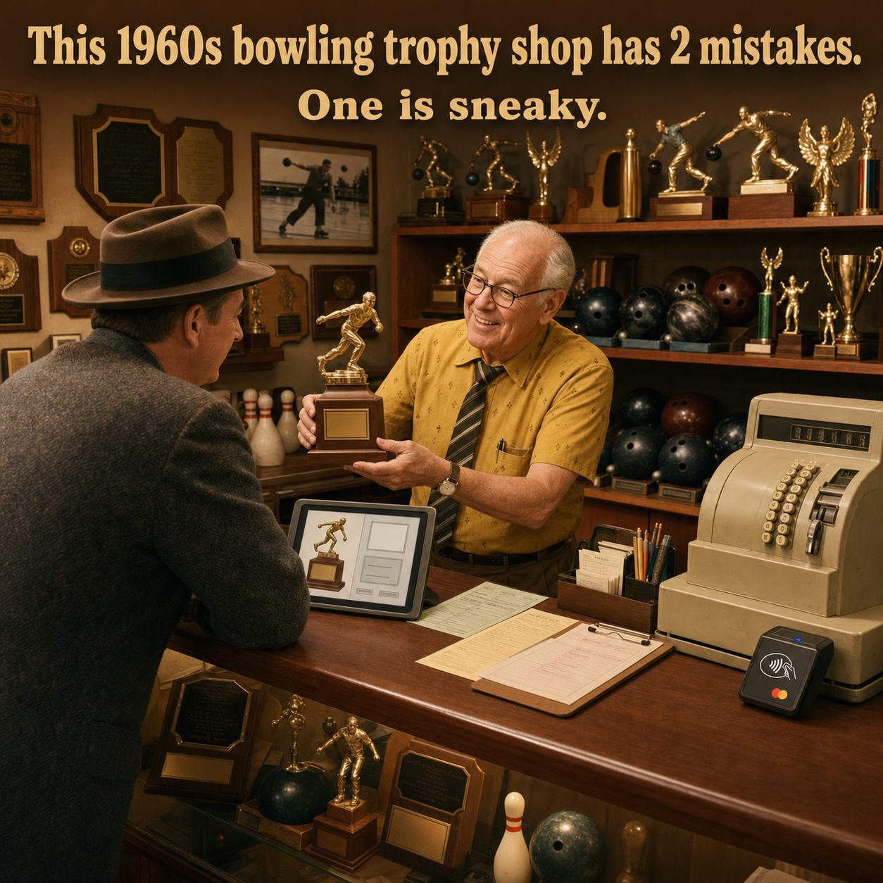 Two Things Are Wrong in This Old Bowling Trophy Shop: Answer