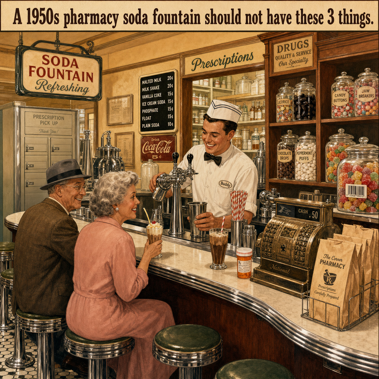 Three Things Are Wrong in This 1950s Pharmacy Soda Fountain: Answer