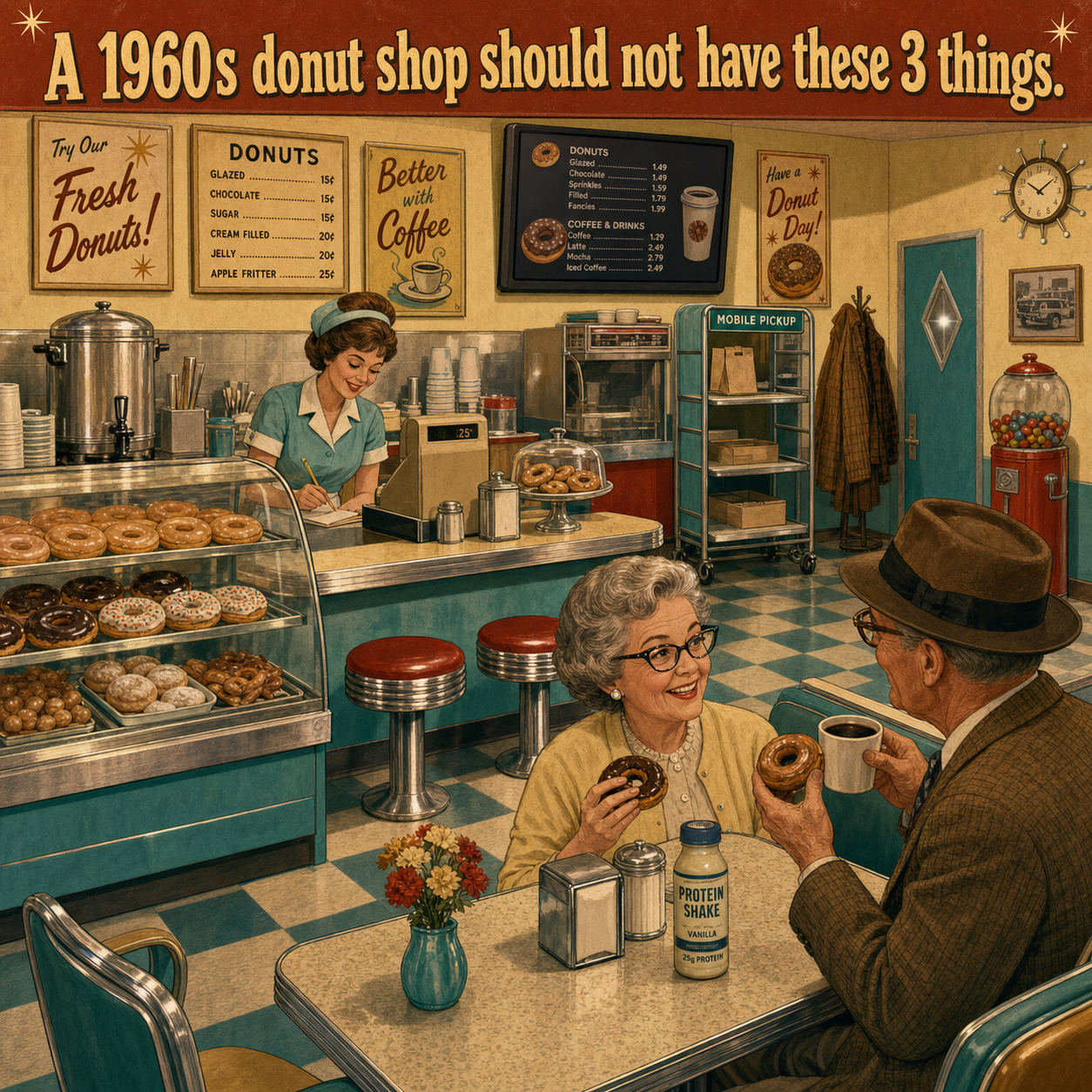 Three Things Are Wrong in This 1960s Donut Shop: Answer