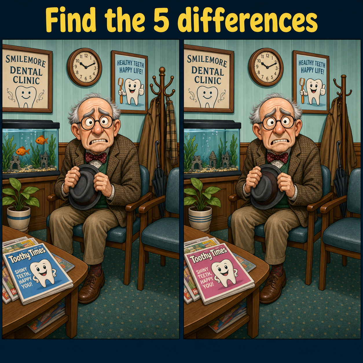 Find the 5 Differences: Dentist Waiting Room Puzzle Answer