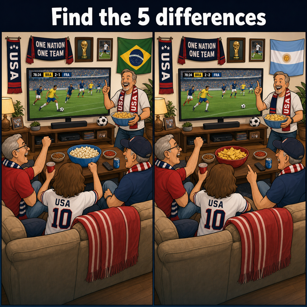 Find the 5 Differences: World Cup Watch Party Puzzle Answer