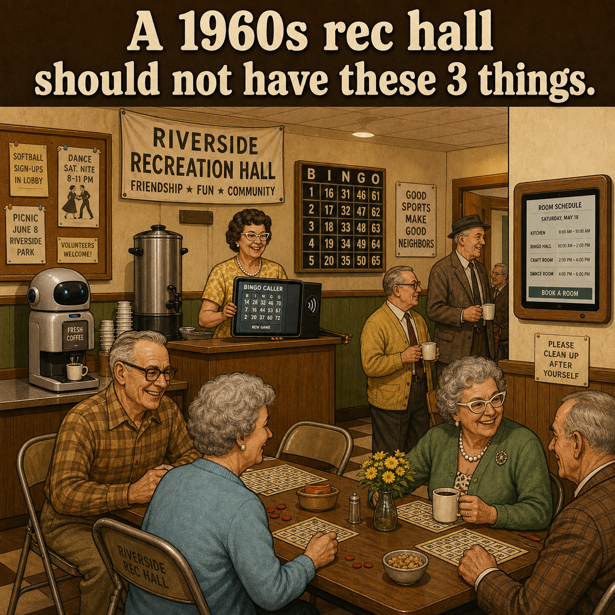 Three Things Are Wrong in This 1960s Rec Hall: Answer