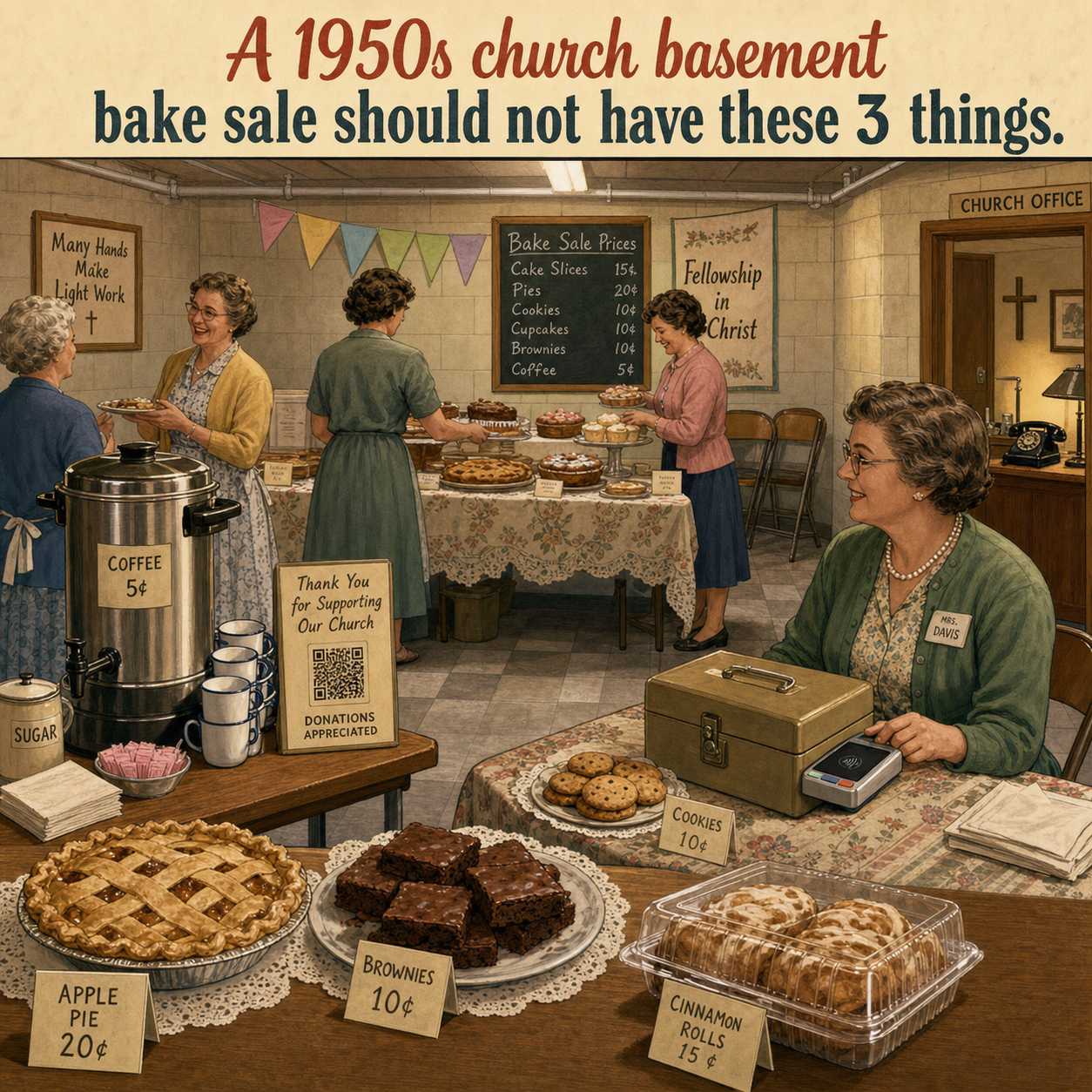 Three Things Are Wrong at This 1950s Church Basement Bake Sale: Answer