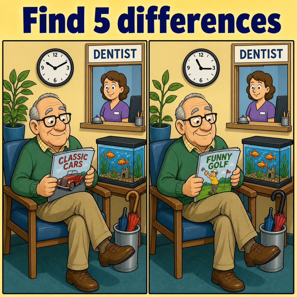 Find the 5 Differences: Dentist Waiting Room Puzzle Answer