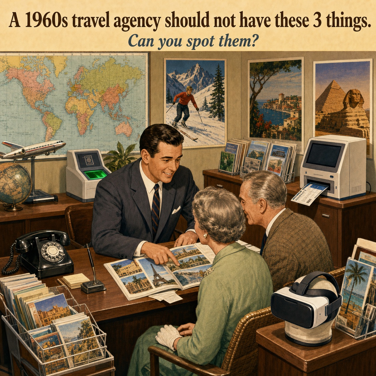Three Things Are Wrong in This 1960s Travel Agency: Answer