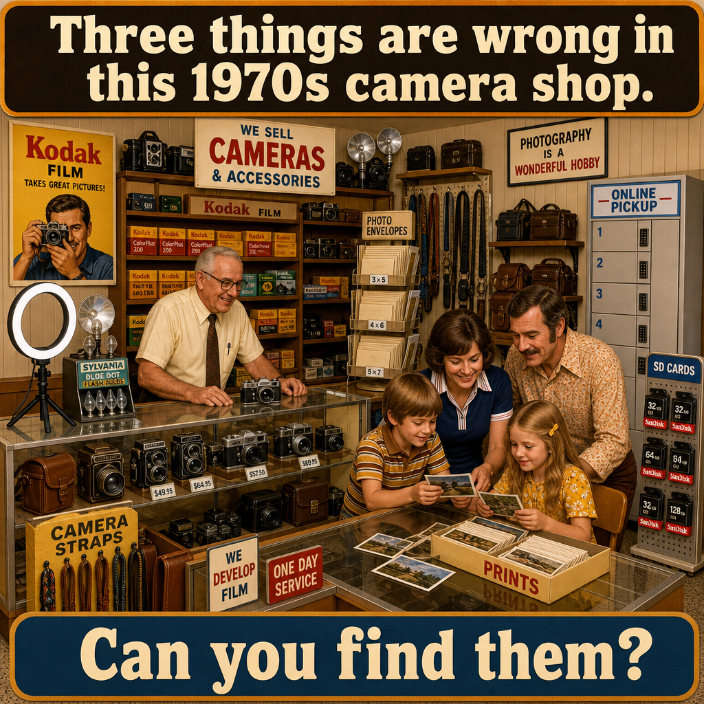 Three Things Are Wrong in This 1970s Camera Shop: Answer