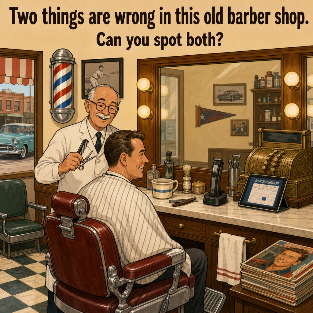 Two Things Are Wrong in This Old Barber Shop: Answer