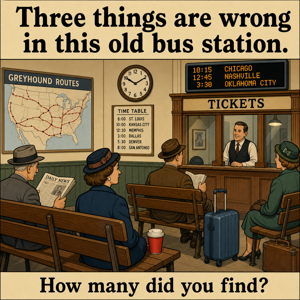 Three Things Are Wrong in This Old Bus Station: Answer