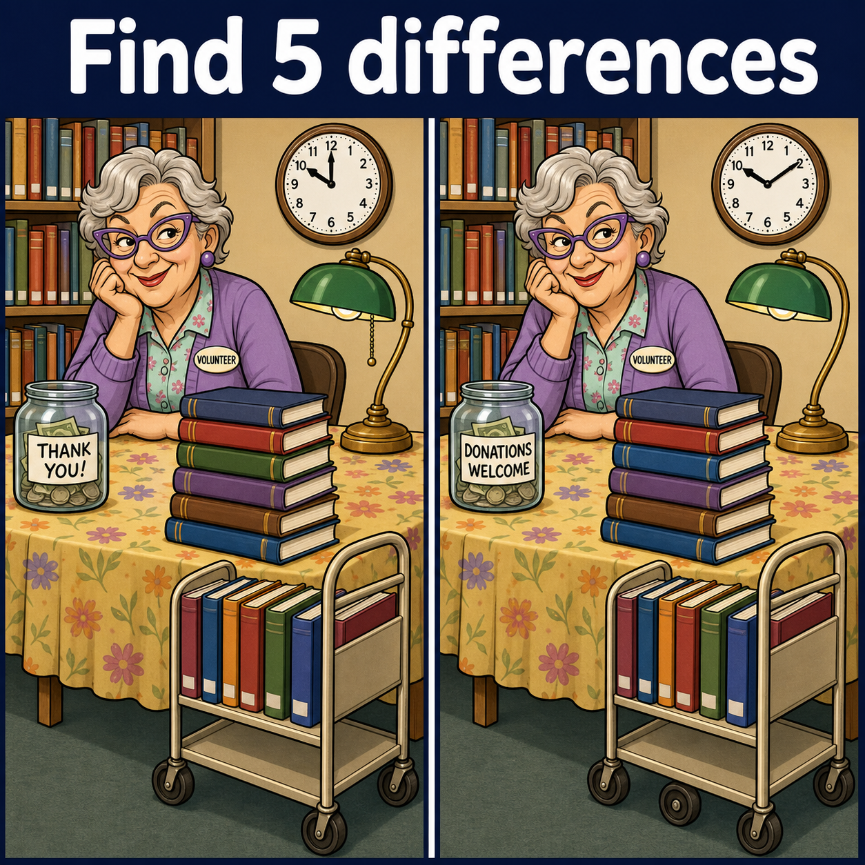 Find the 5 Differences: Library Book Sale Puzzle Answer