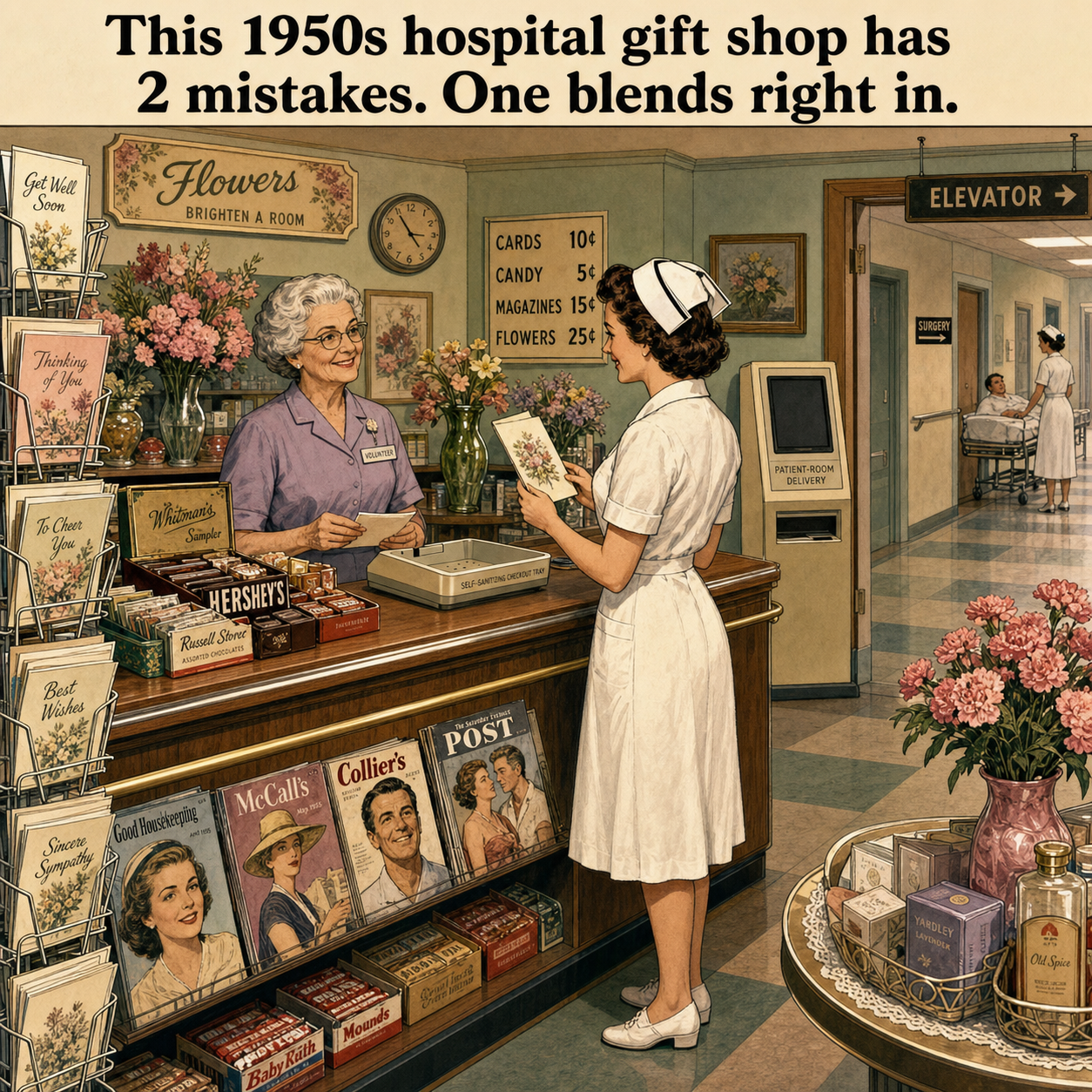 Two Things Are Wrong in This 1950s Hospital Gift Shop: Answer