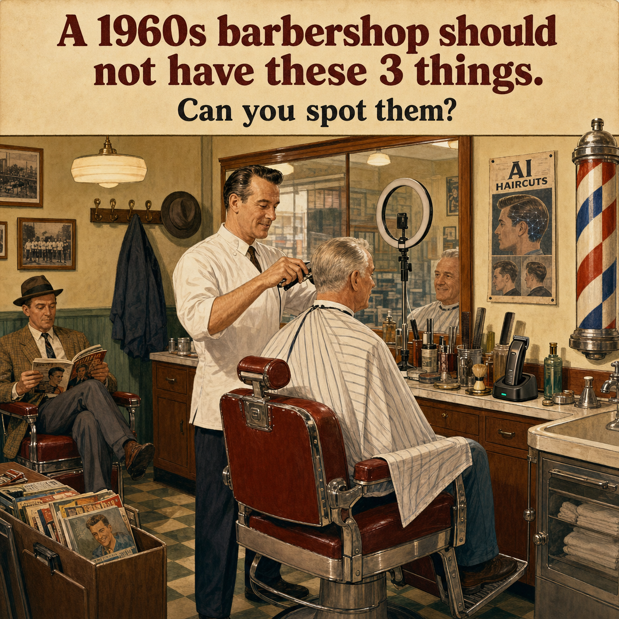 Three Things Are Wrong in This 1960s Barbershop: Answer