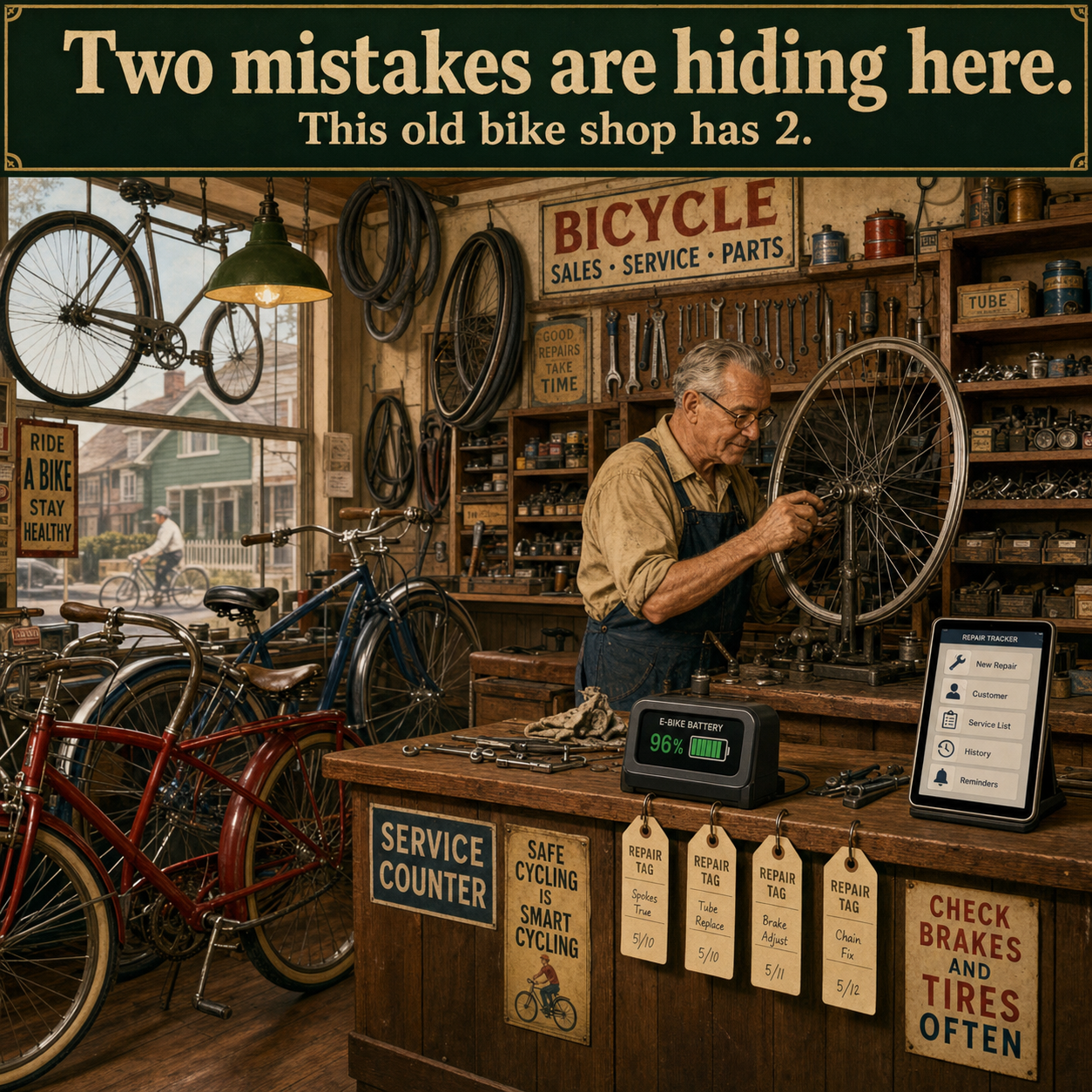 Two Things Are Wrong in This Old Bicycle Repair Shop: Answer