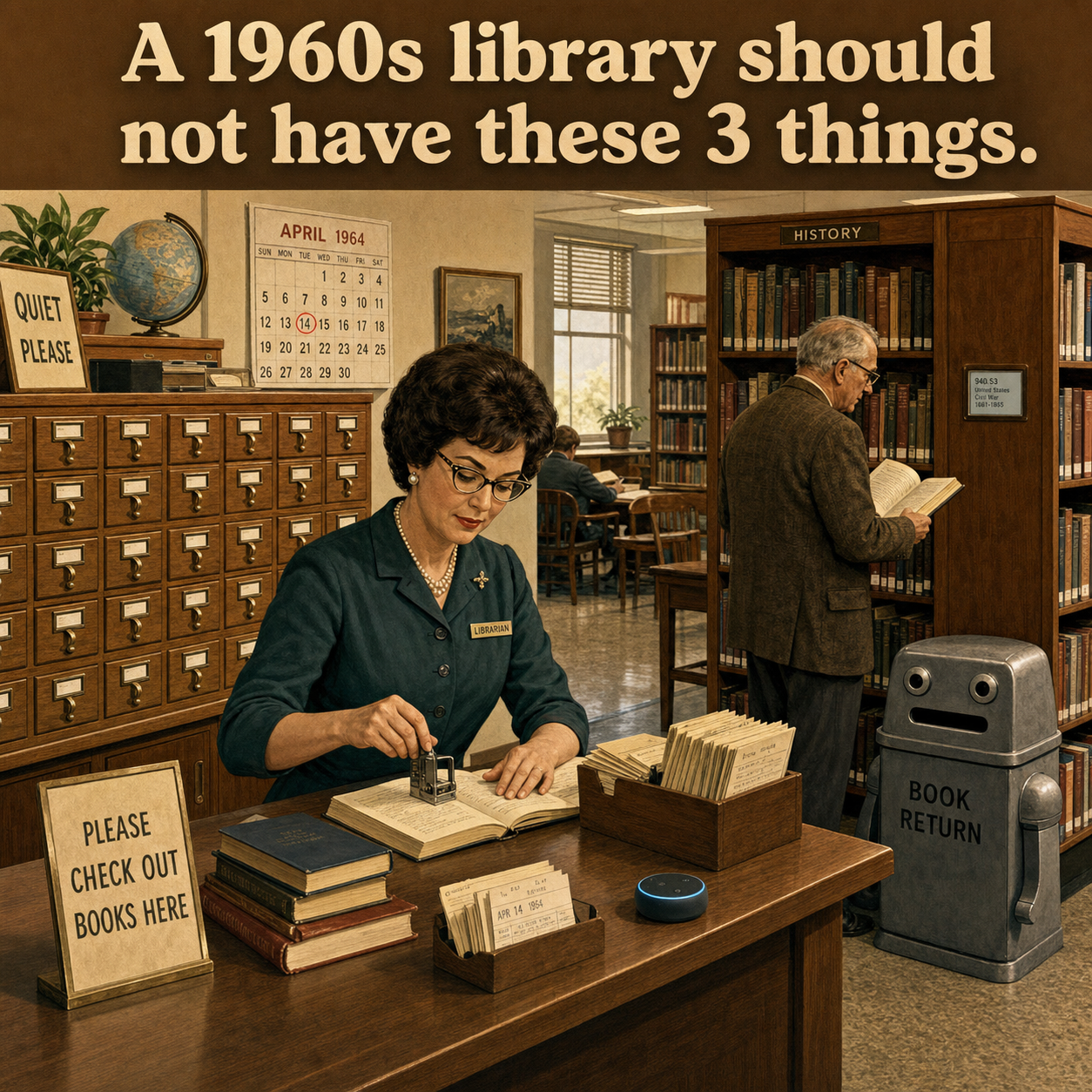 Three Things Are Wrong in This 1960s Library: Answer