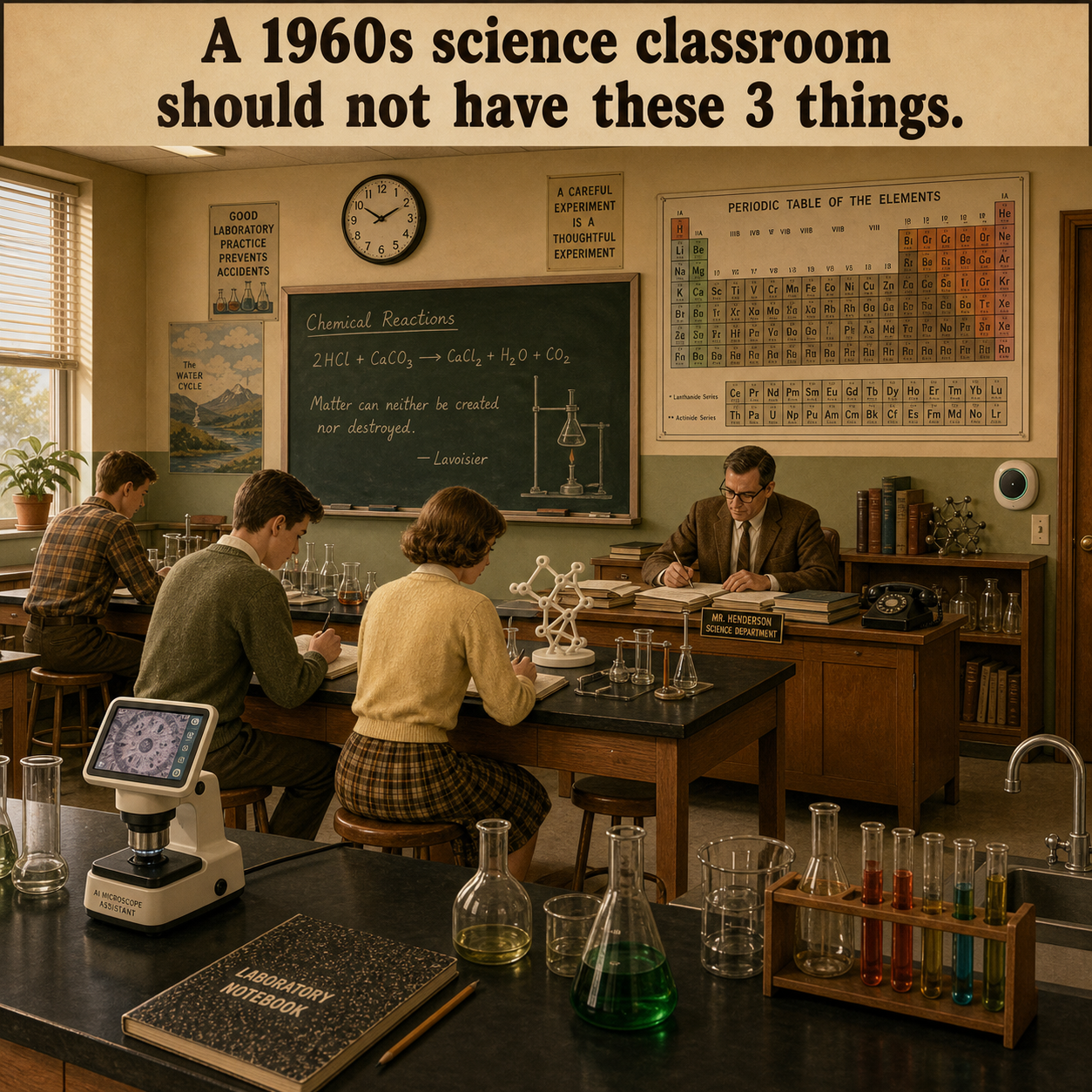 Three Things Are Wrong in This 1960s Science Classroom: Answer