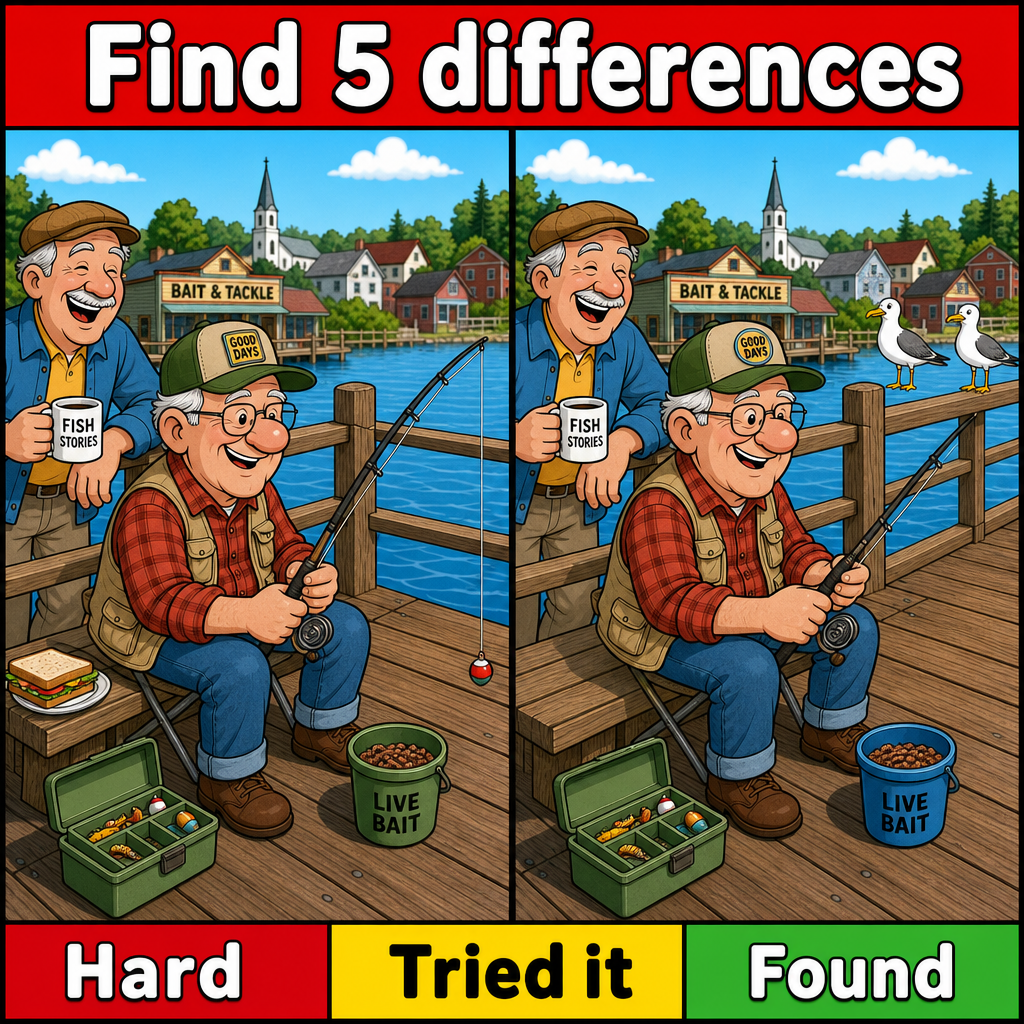 Find the 5 Differences: Funny Fishing Pier Puzzle Answer