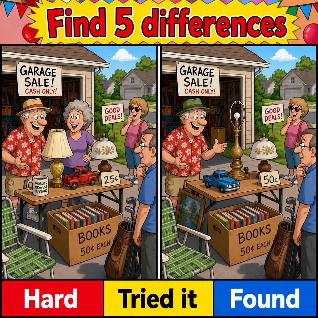 Find the 5 Differences: Funny Garage Sale Puzzle Answer