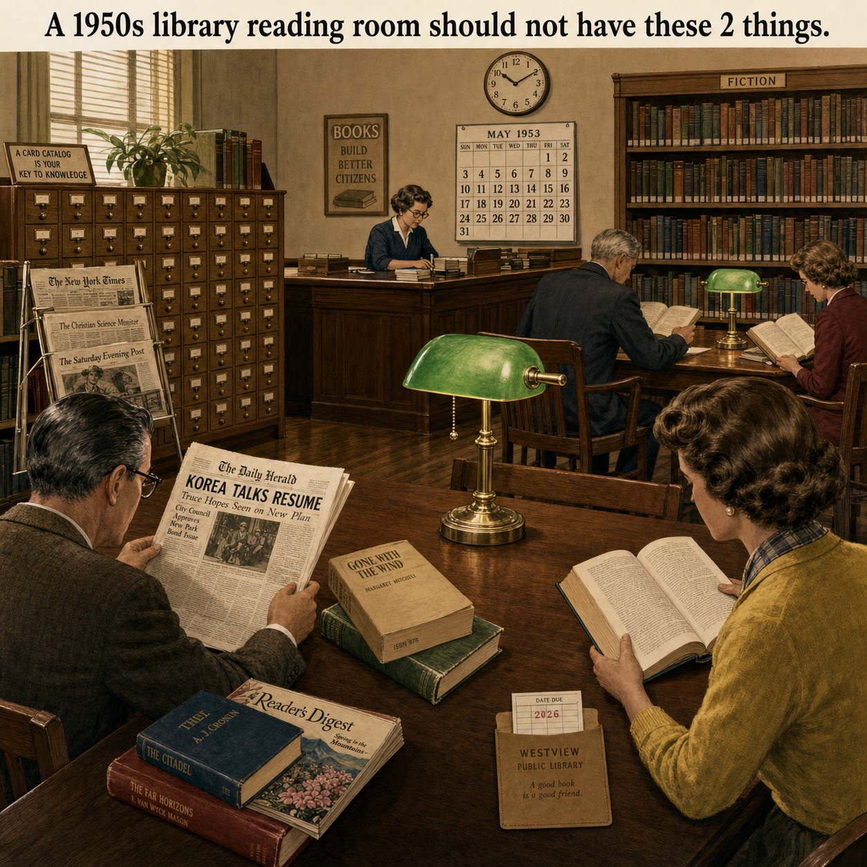 Two Things Are Wrong in This 1950s Library Reading Room: Answer