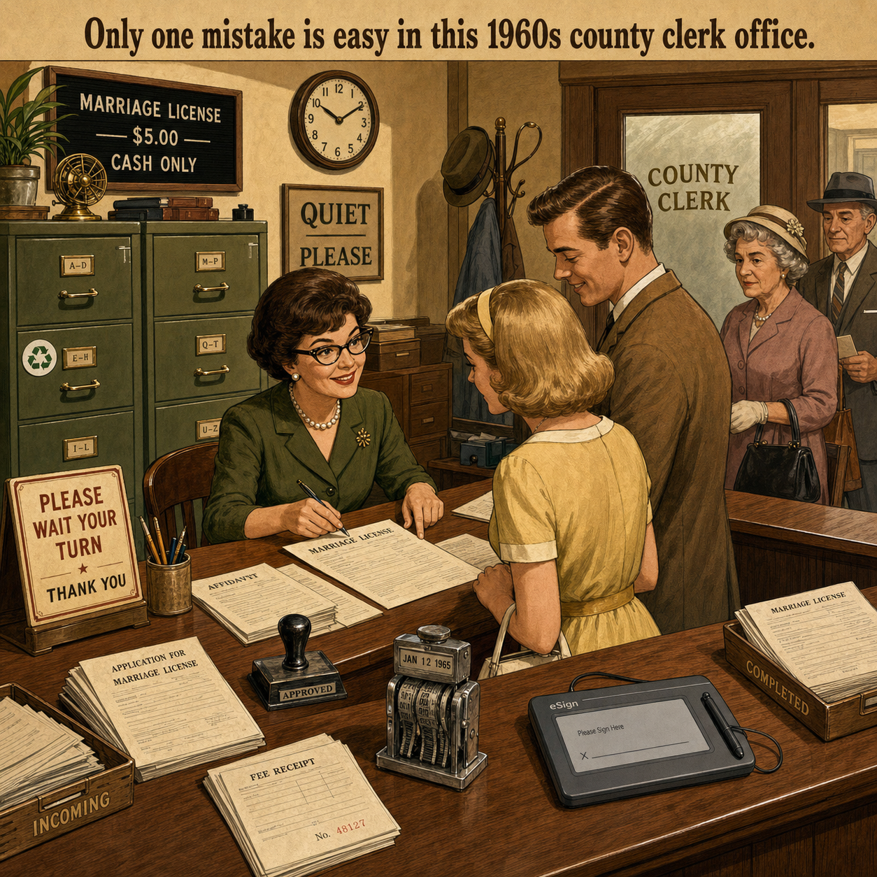 Two Things Are Wrong in This 1960s County Clerk Office: Answer