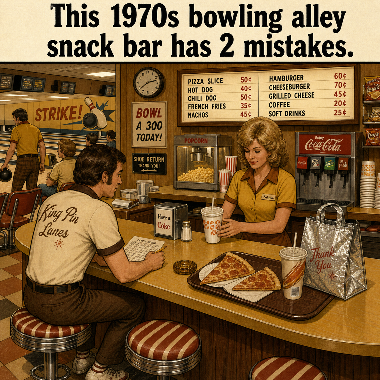 Two Things Are Wrong at This 1970s Bowling Alley Snack Bar: Answer