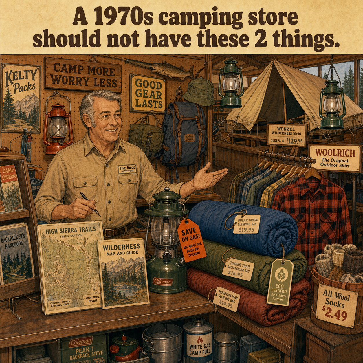Two Things Are Wrong at This 1970s Camping Store: Answer