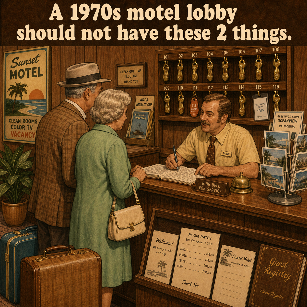 Two Things Are Wrong in This 1970s Motel Lobby: Answer