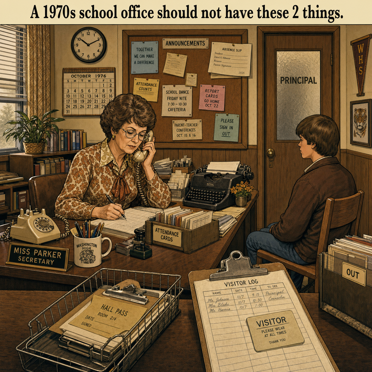 Two Things Are Wrong in This 1970s School Office: Answer