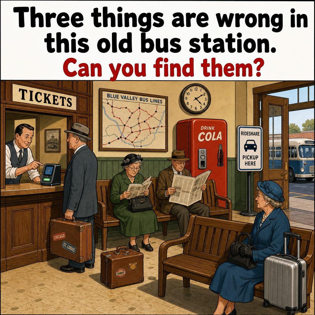 Three Things Are Wrong in This Old Bus Station: Answer