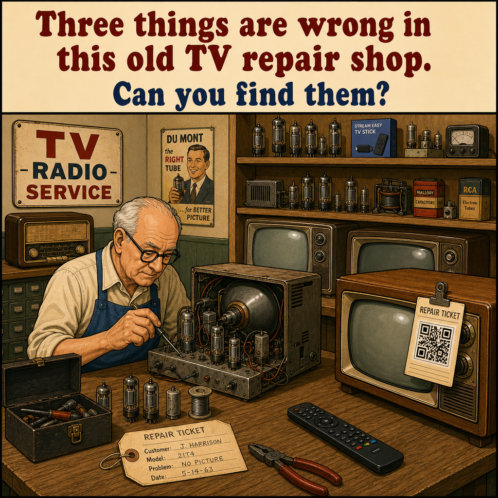 Three Things Are Wrong in This Old TV Repair Shop: Answer