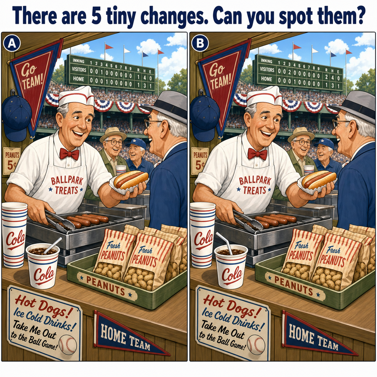 Find the 5 Differences: 1950s Baseball Concession Puzzle Answer