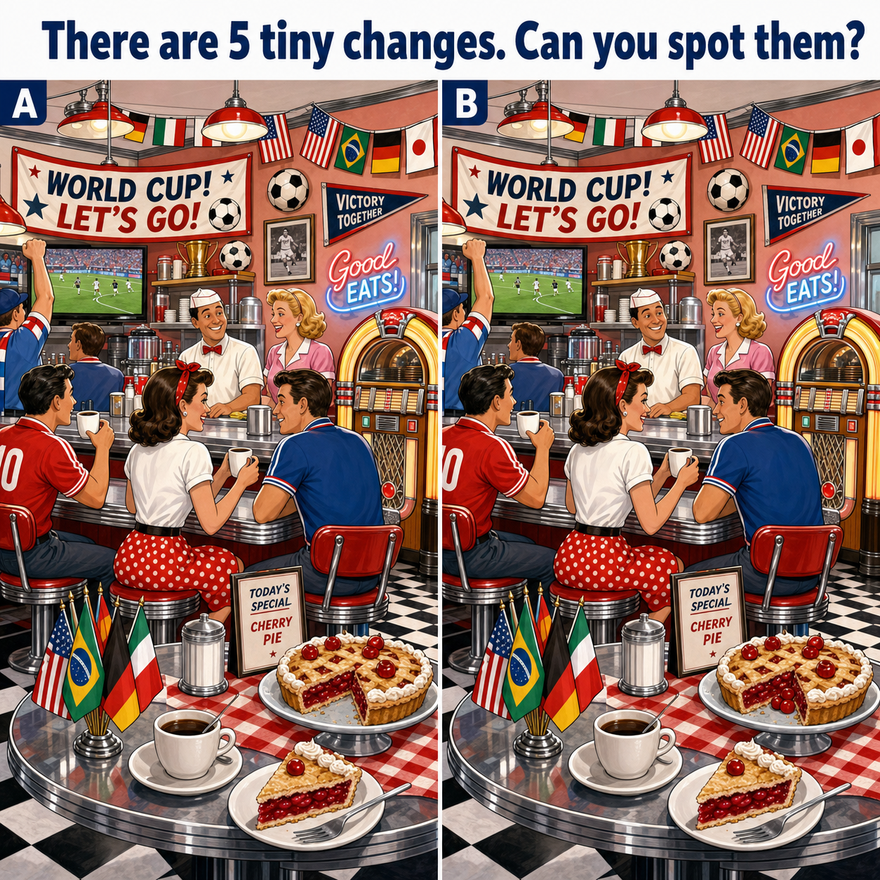 Find the 5 Differences: 1950s Diner World Cup Puzzle Answer
