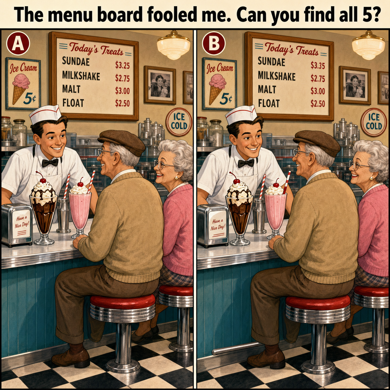 Find the 5 Differences at the 1950s Ice Cream Counter: Answer