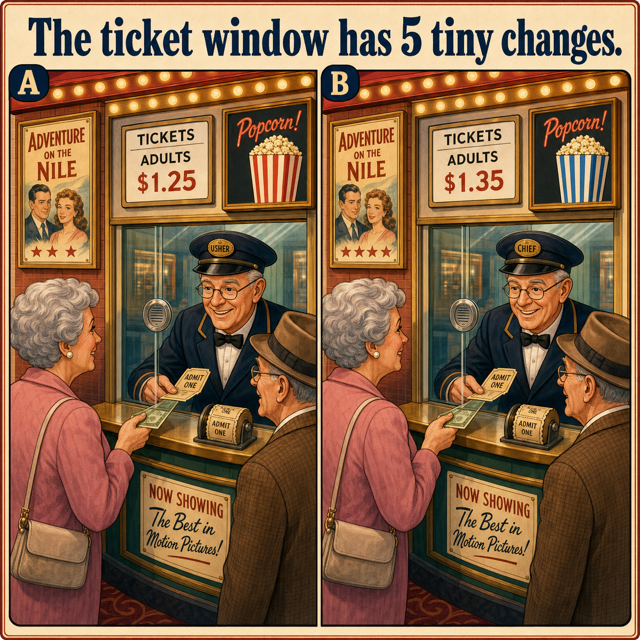 Find the 5 Differences at the 1950s Movie Ticket Window: Answer
