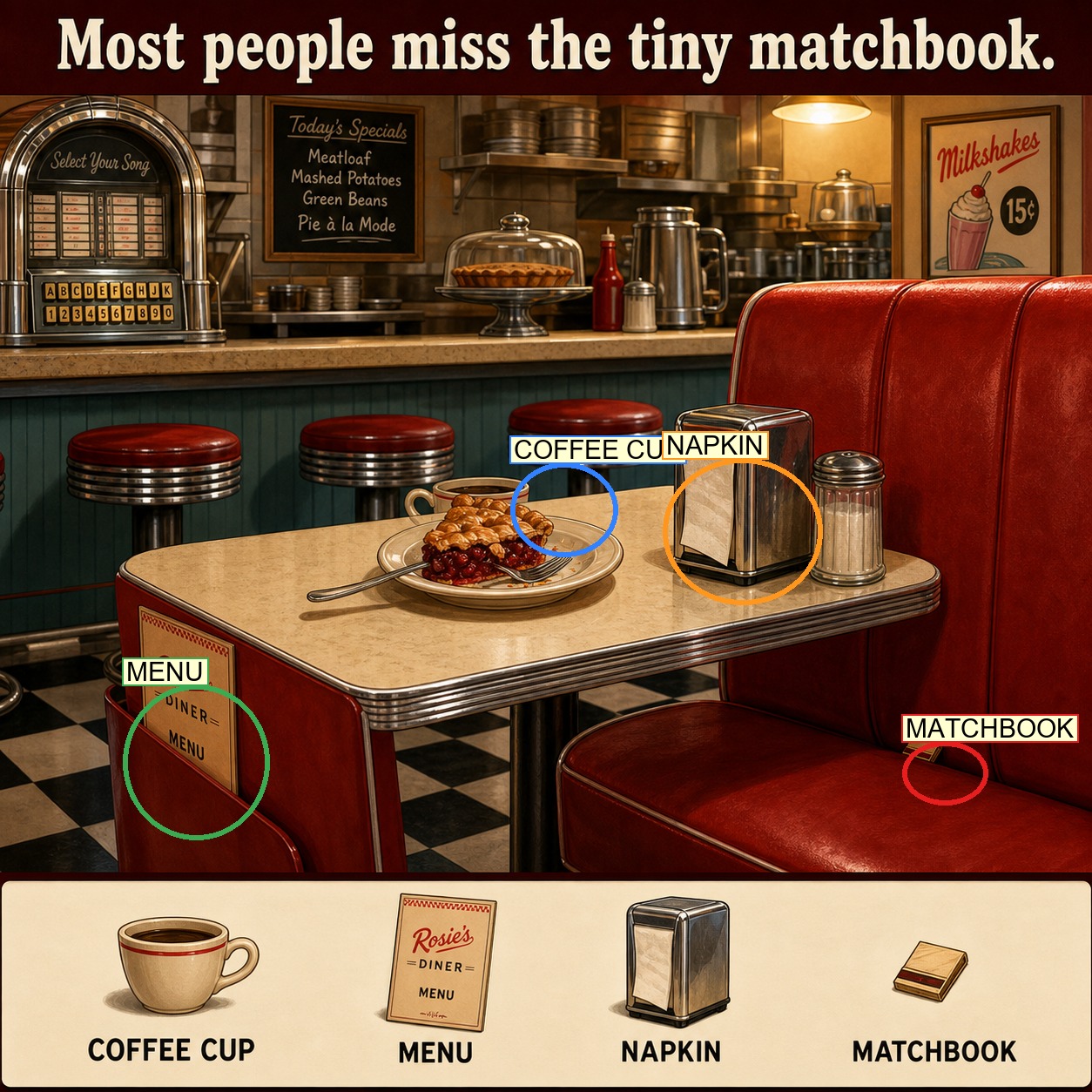 Can You Find the Tiny Matchbook in the Diner? answer image