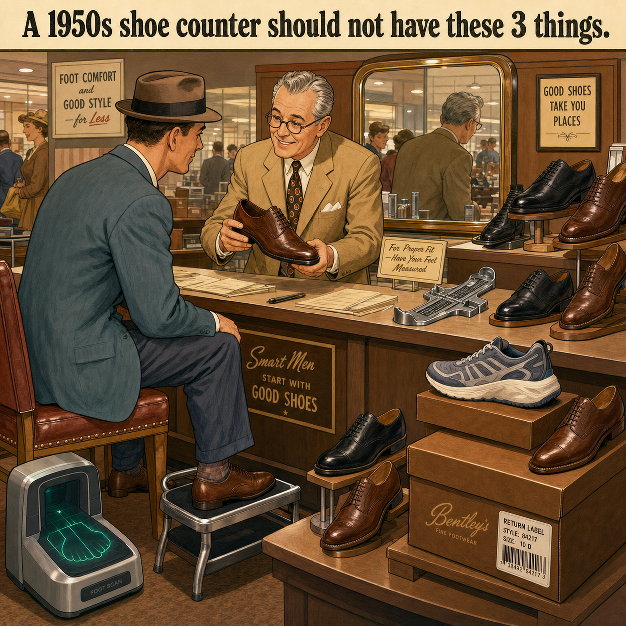 Three Things Are Wrong at This 1950s Shoe Counter: Answer