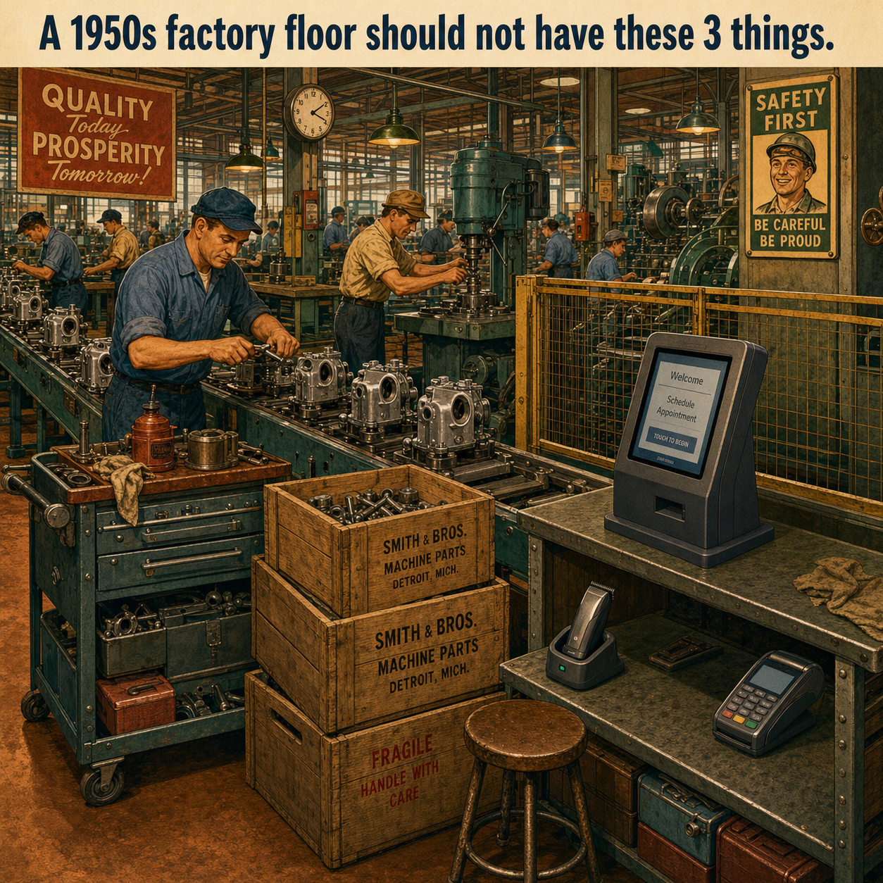 Three Things Are Wrong in This 1950s Factory Floor: Answer