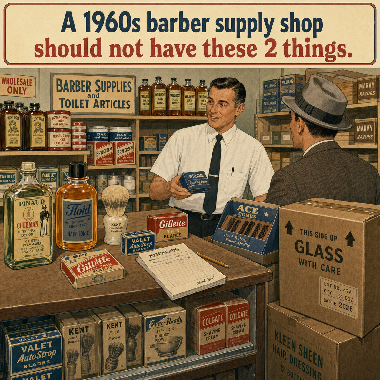 Two Things Are Wrong in This 1960s Barber Supply Shop: Answer