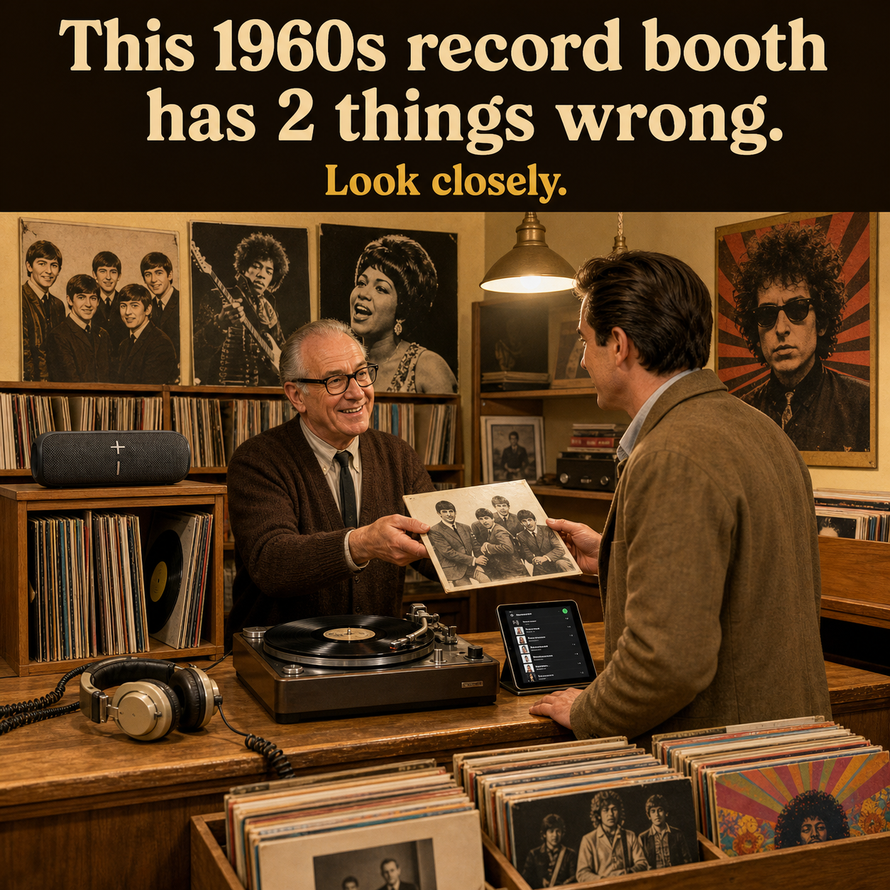 Two Things Are Wrong in This Old Record Listening Booth: Answer
