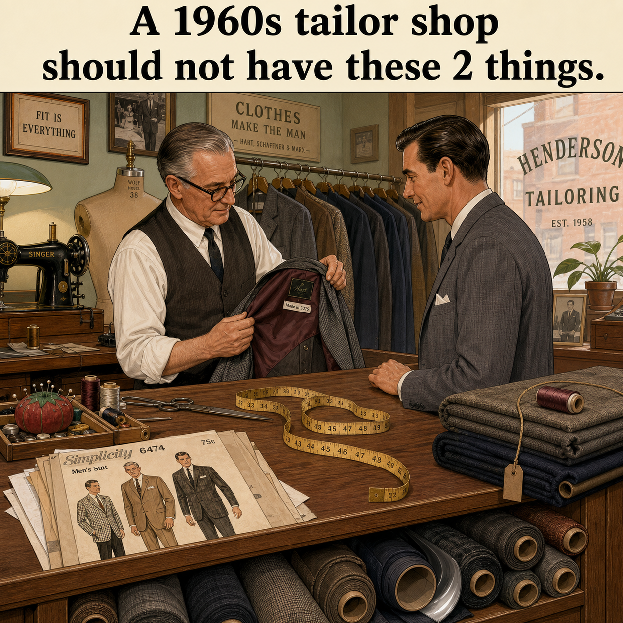 Two Things Are Wrong in This 1960s Tailor Shop: Answer