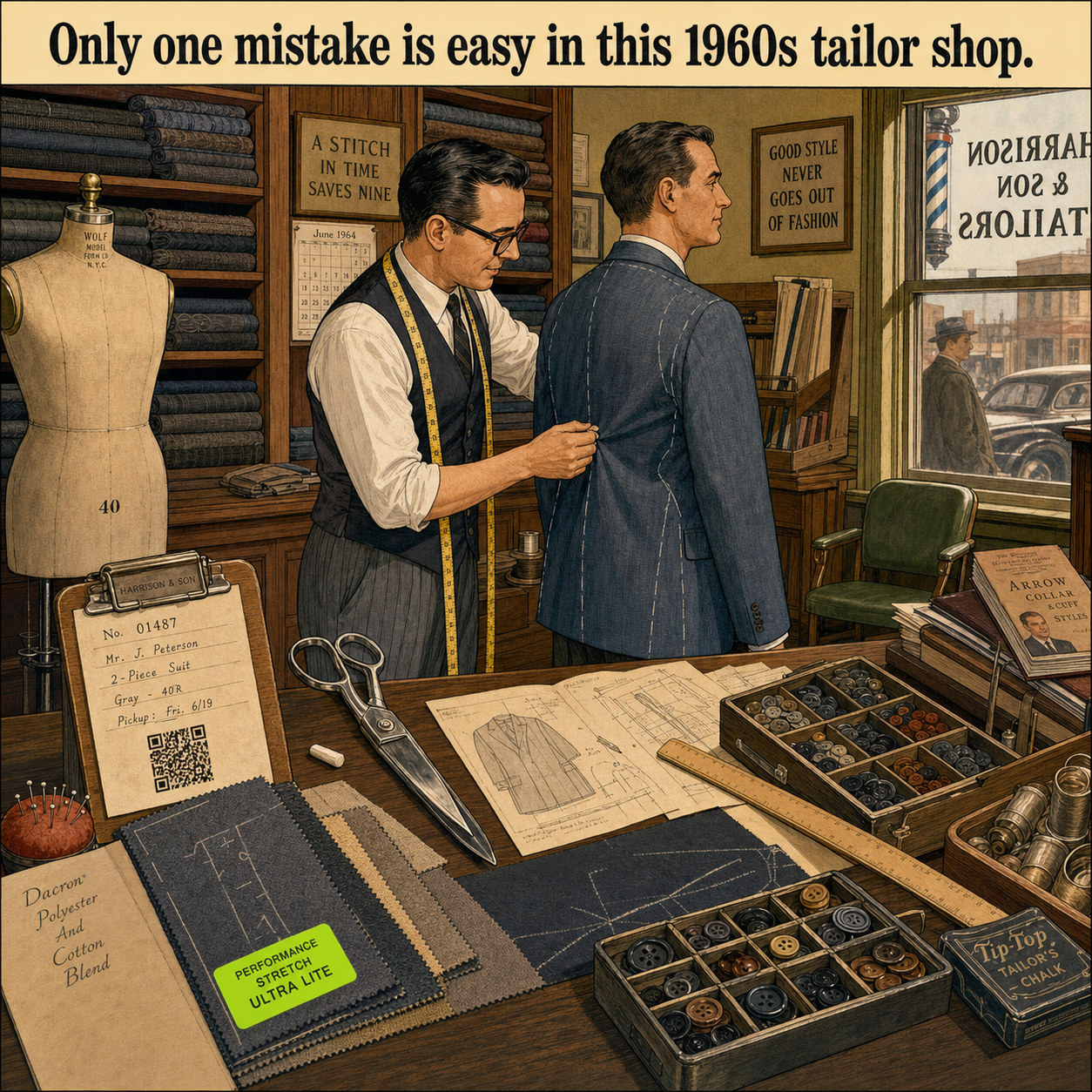 Two Things Are Wrong in This 1960s Tailor Shop: Answer